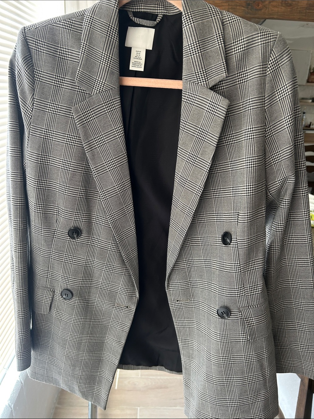 H&M Black and Gray Glen Plaid Double-Breasted Blazer